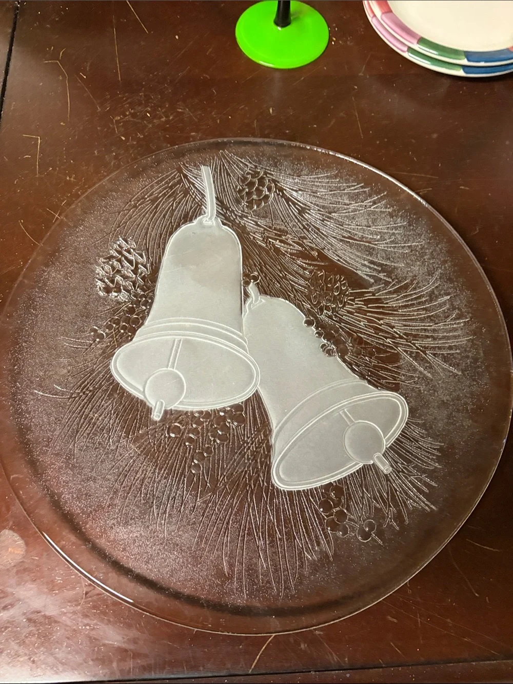 Etched Glass Serving Platter with Holiday Bell Design
